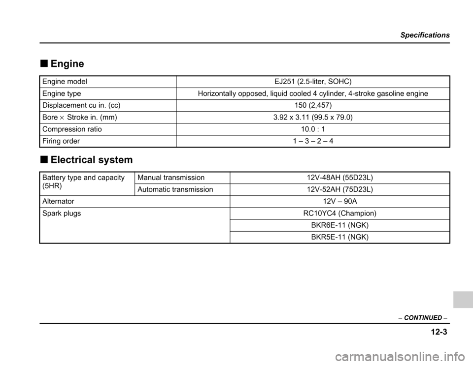 SUBARU FORESTER 2003 SG / 2.G Owners Manual 12-3
Specifications
– CONTINUED –
�Engine
� Electrical system
Engine modelEJ251 (2.5-liter, SOHC)
Engine typeHorizontally opposed, liquid cooled 4 cylinder, 4-stroke gasoline engine
Displacement c