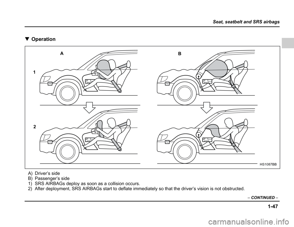 SUBARU FORESTER 2003 SG / 2.G Manual PDF 1-47
Seat, seatbelt and SRS airbags
–CONTINUED –
�Operation
A) Driver’s side 
B) Passenger’s side
1) SRS AIRBAGs deploy as soon as a collision occurs. 
2) After deployment, SRS AIRBAGs start t