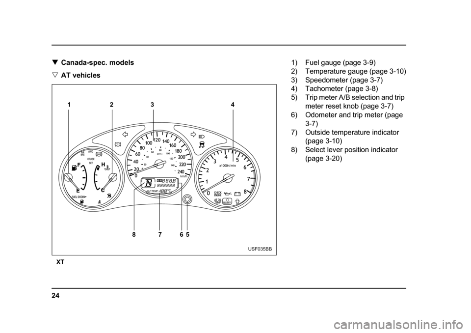 SUBARU FORESTER 2005 SG / 2.G Owners Manual 24
�T
Canada-spec. models
�V AT vehicles
XT
020 2040
60
80
100
120
140
MPH
40 60
80
10 0
12 0
14 0
16 0
18 0
20 0
220
240
1
0 x1000r/min
2 3
4
5
6
7
8
km/h
AB
123 4
7
86 5
USF035BB
1) Fuel gauge (page