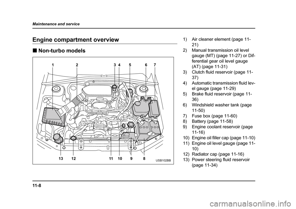 SUBARU FORESTER 2005 SG / 2.G Owners Manual 11 - 8
Maintenance and service
Engine compartment overview �„
Non-turbo models
13 12 11 10 9 8 23
5
46
17USB102BB
1) Air cleaner element (page 11-
21)
2) Manual transmission oil level  gauge (MT) (p