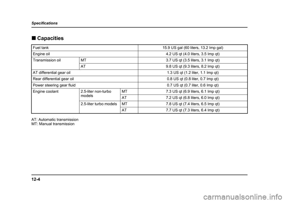 SUBARU FORESTER 2005 SG / 2.G Owners Manual 12-4
Specifications �„
Capacities
AT: Automatic transmission 
MT: Manual transmission
Fuel tank15.9 US gal (60 liters, 13.2 Imp gal)
Engine oil4.2 US qt (4.0 liters, 3.5 Imp qt)
Transmission oilMT3.