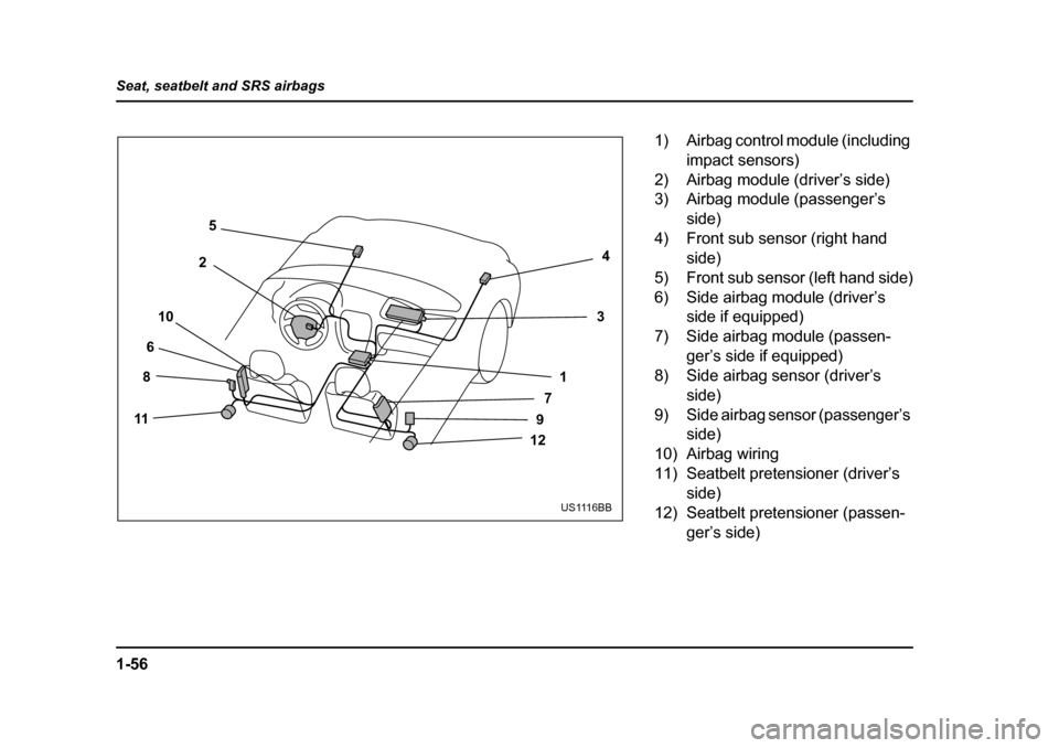 SUBARU FORESTER 2005 SG / 2.G Manual Online 1-56
Seat, seatbelt and SRS airbags
4
3
1
7
9
12
5
2
10
6
8
11
US1116BB
1) Airbag control module (including  impact sensors)
2) Airbag module (driver’s side) 
3) Airbag module (passenger’s 
side)
