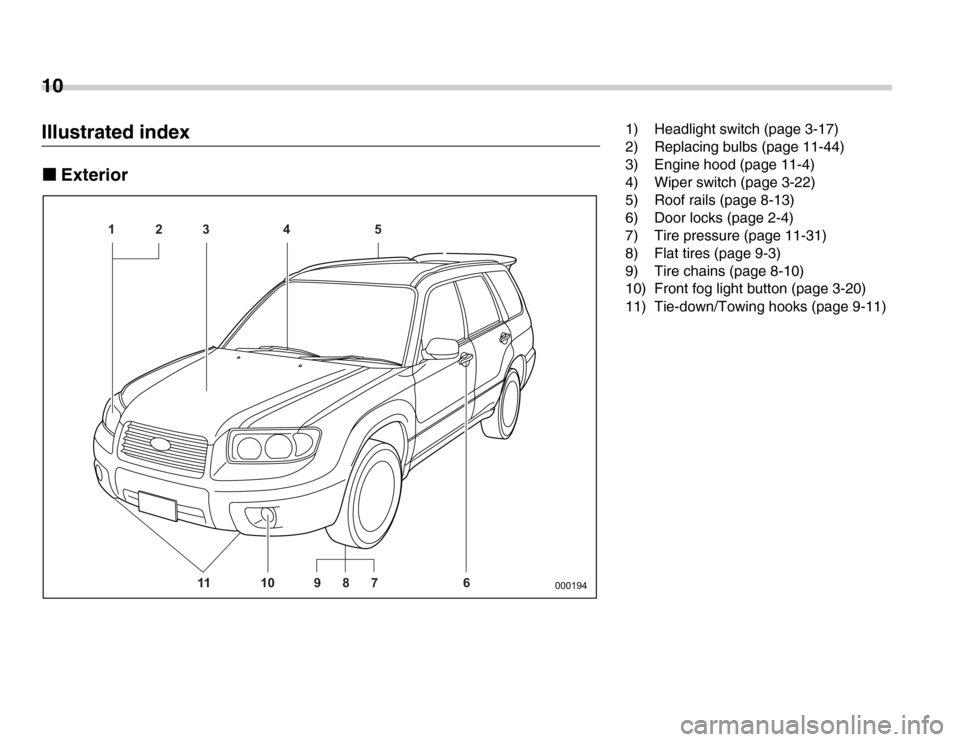 SUBARU FORESTER 2007 SG / 2.G Owners Manual 10
Illustrated index �„Exterior
6
7
8
9
10
11
1
2
3 4
5000194
1) Headlight switch (page 3-17) 
2) Replacing bulbs (page 11-44) 
3) Engine hood (page 11-4) 
4) Wiper switch (page 3-22) 
5) Roof rails