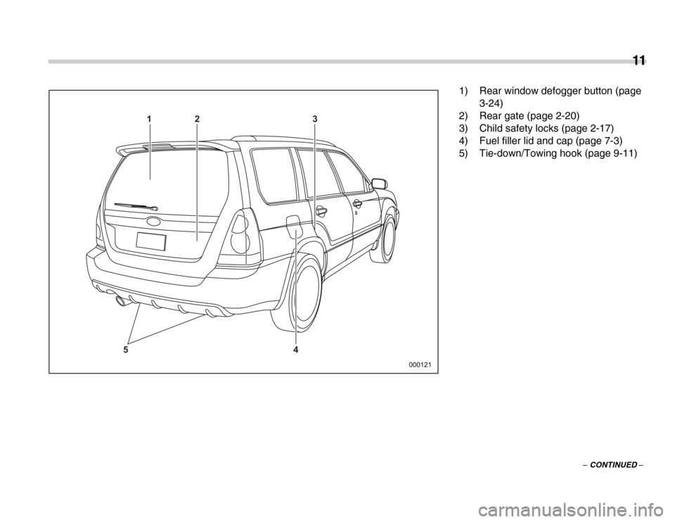 SUBARU FORESTER 2007 SG / 2.G Owners Manual 11
–
 CONTINUED –
12 3 4
5
000121 1) Rear window defogger button (page 
3-24)
2) Rear gate (page 2-20) 
3) Child safety locks (page 2-17) 
4) Fuel filler lid and cap (page 7-3) 
5) Tie-down/Towing