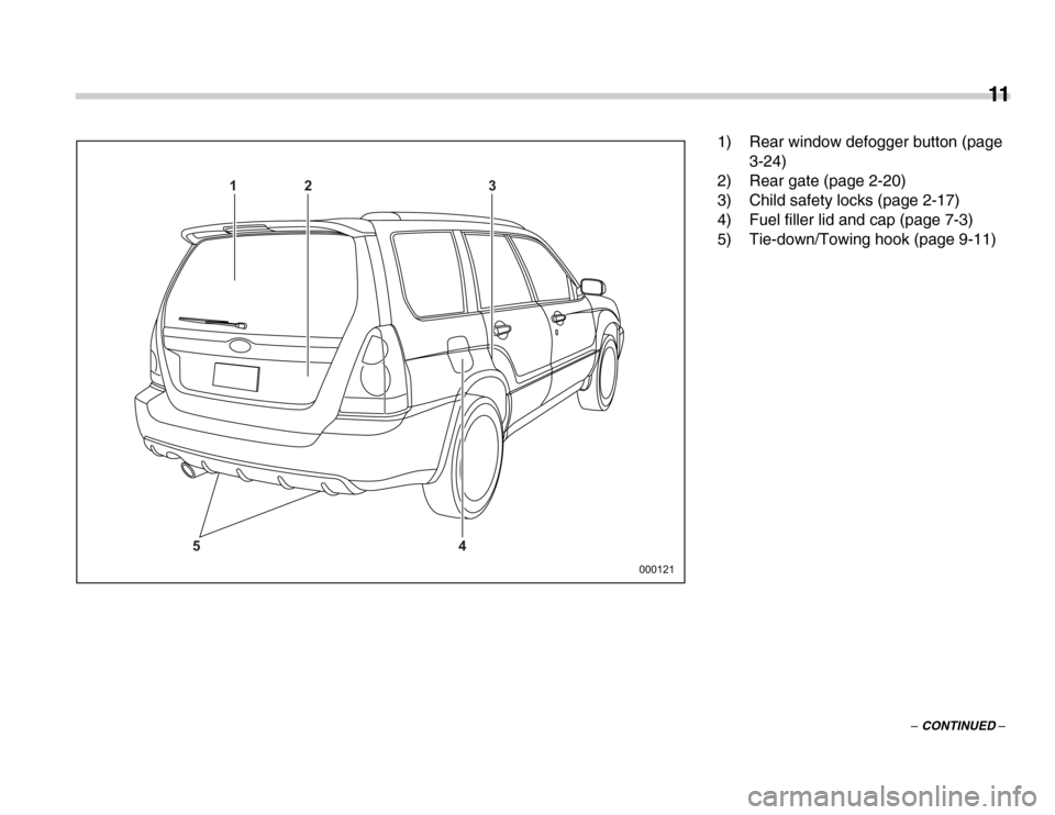 SUBARU FORESTER 2007 SG / 2.G User Guide 11
–
 CONTINUED –
12 3 4
5
000121 1) Rear window defogger button (page 
3-24)
2) Rear gate (page 2-20) 
3) Child safety locks (page 2-17) 
4) Fuel filler lid and cap (page 7-3) 
5) Tie-down/Towing