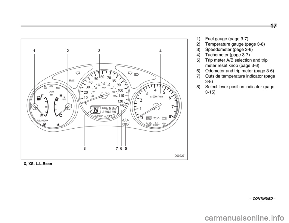 SUBARU FORESTER 2007 SG / 2.G User Guide 17
–
 CONTINUED –
X, XS, L.L.Bean
123 4
5
7
86
000227
1) Fuel gauge (page 3-7) 
2) Temperature gauge (page 3-8) 
3) Speedometer (page 3-6) 
4) Tachometer (page 3-7) 
5) Trip meter A/B selection an