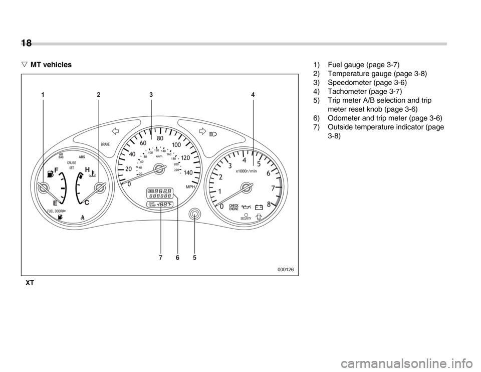 SUBARU FORESTER 2007 SG / 2.G Owners Manual 18 �VMT vehicles
XT
123 4 5
76
000126 1) Fuel gauge (page 3-7) 
2) Temperature gauge (page 3-8) 
3) Speedometer (page 3-6) 
4) Tachometer (page 3-7) 
5) Trip meter A/B selection and trip 
meter reset 