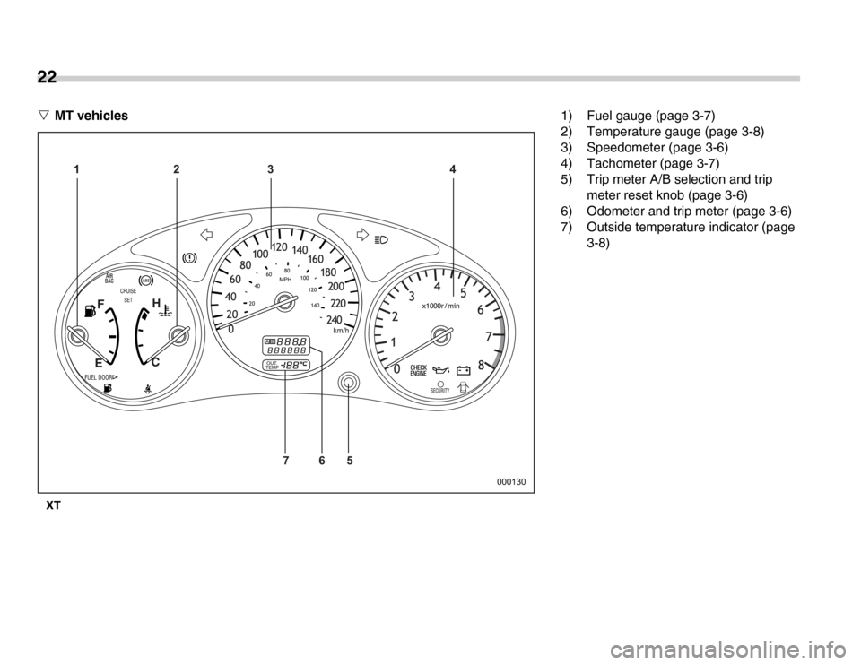 SUBARU FORESTER 2007 SG / 2.G Owners Manual 22 �VMT vehicles
XT
123 4 765
0001301) Fuel gauge (page 3-7) 
2) Temperature gauge (page 3-8) 
3) Speedometer (page 3-6) 
4) Tachometer (page 3-7) 
5) Trip meter A/B selection and trip 
meter reset kn