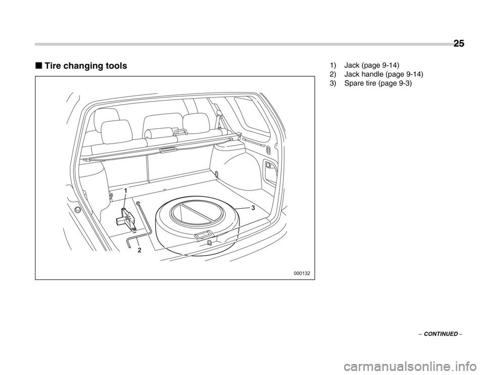 SUBARU FORESTER 2007 SG / 2.G Owners Manual 25
–
 CONTINUED –
�„
Tire changing tools
3
1
2
000132 1) Jack (page 9-14) 
2) Jack handle (page 9-14) 
3) Spare tire (page 9-3) 