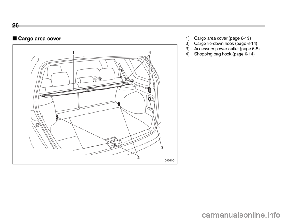 SUBARU FORESTER 2007 SG / 2.G Owners Manual 26 �„Cargo area cover 
4
2
1
3
000195
1) Cargo area cover (page 6-13) 
2) Cargo tie-down hook (page 6-14) 
3) Accessory power outlet (page 6-8) 
4) Shopping bag hook (page 6-14) 