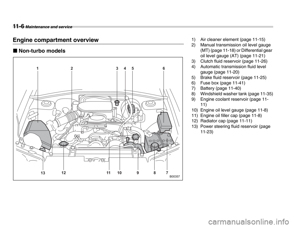 SUBARU FORESTER 2007 SG / 2.G Owners Manual 11 - 6 Maintenance and service
Engine compartment overview �„Non-turbo models
12 3 456
7
8
9
10
11
13 12
B00357 1) Air cleaner element (page 11-15) 
2) Manual transmission oil level gauge 
(MT) (pag