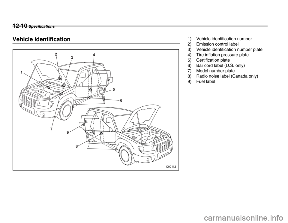 SUBARU FORESTER 2007 SG / 2.G User Guide 12-10 Specifications
Vehicle identification
12
3 4
56
9 8
7
C00112 1) Vehicle identification number 
2) Emission control label 
3) Vehicle identification number plate 
4) Tire inflation pressure plate