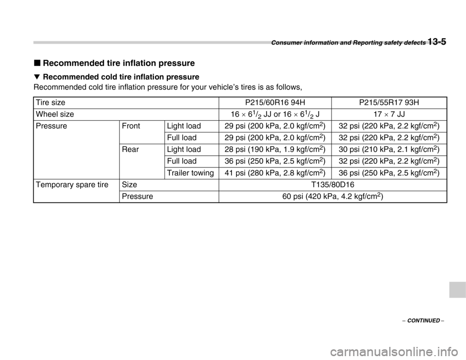 SUBARU FORESTER 2007 SG / 2.G User Guide Consumer information and Reporting safety defects 13-5
–
 CONTINUED –
�„ Recommended tire inflation pressure
�T Recommended cold tire inflation pressure
Recommended cold tire inflation pressure 