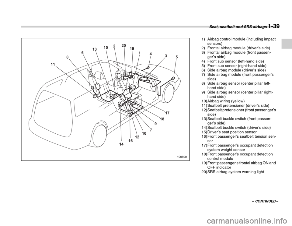 SUBARU FORESTER 2007 SG / 2.G Owners Manual Seat, seatbelt and SRS airbags 1-39
–
 CONTINUED –
 1
2
3
4
5
18 17
9
7
10
12
16
14
6
13
15 20
19
8
11
100800 1) Airbag control module (including impact 
sensors)
2) Frontal airbag module (driver�