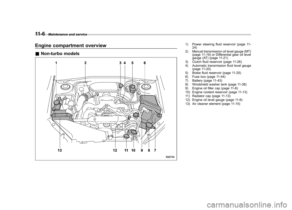 SUBARU FORESTER 2009 SH / 3.G Owners Manual 11-6Maintenance and service
Engine compartment overview &Non-turbo models1) Power steering fluid reservoir (page 11-
24)
2) Manual transmission oil level gauge (MT) (page 11-19) or Differential gear o