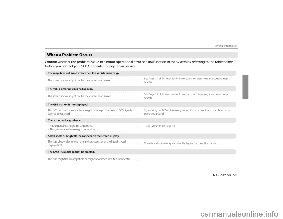 SUBARU FORESTER 2010 SH / 3.G Navigation Manual Navigation 93General Information
When a Problem OccursConfirm whether the problem is due to a minor operational error or a malfunction in the system by referring to the table below 
before you contact