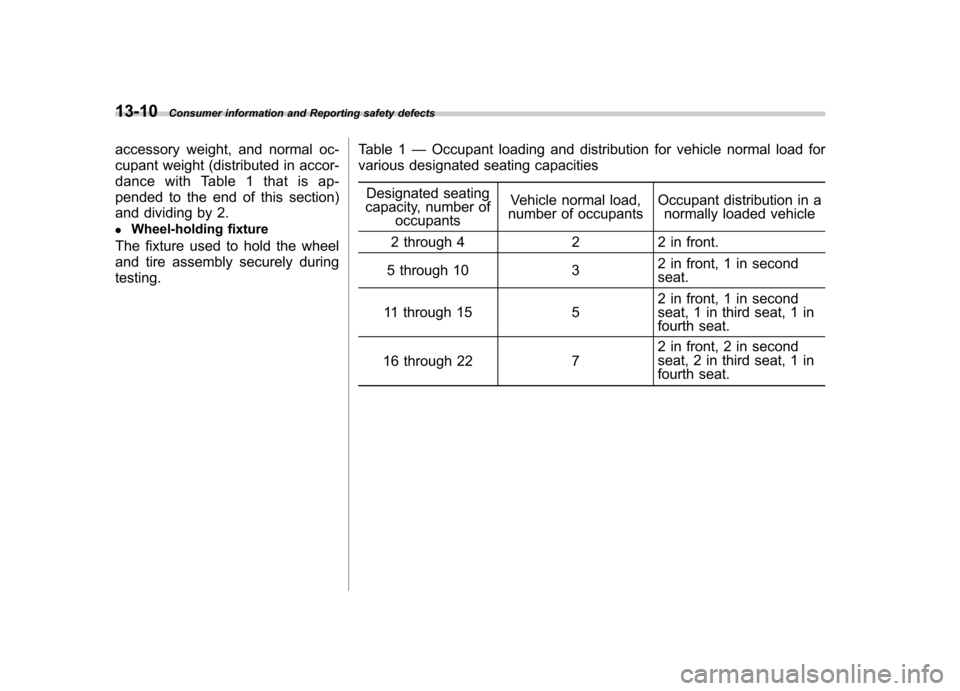 SUBARU FORESTER 2010 SH / 3.G Owners Manual 13-10Consumer information and Reporting safety defects
accessory weight, and normal oc- 
cupant weight (distributed in accor- 
dance with Table 1 that is ap- 
pended to the end of this section)
and di