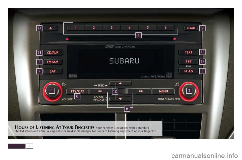 SUBARU FORESTER 2010 SH / 3.G Quick Reference Guide HoUr s o f li s t e n i n g At yo Ur fi n g e r t i p s Your Forester is equipped with a standard
FM/AM stereo and either a single-disc or six-disc CD changer for hours o\
f listening enjoyment at SUBARU FORESTER 2010 SH / 3.G Quick Reference Guide HoUr s o f li s t e n i n g At yo Ur fi n g e r t i p s Your Forester is equipped with a standard
FM/AM stereo and either a single-disc or six-disc CD changer for hours o\
f listening enjoyment at