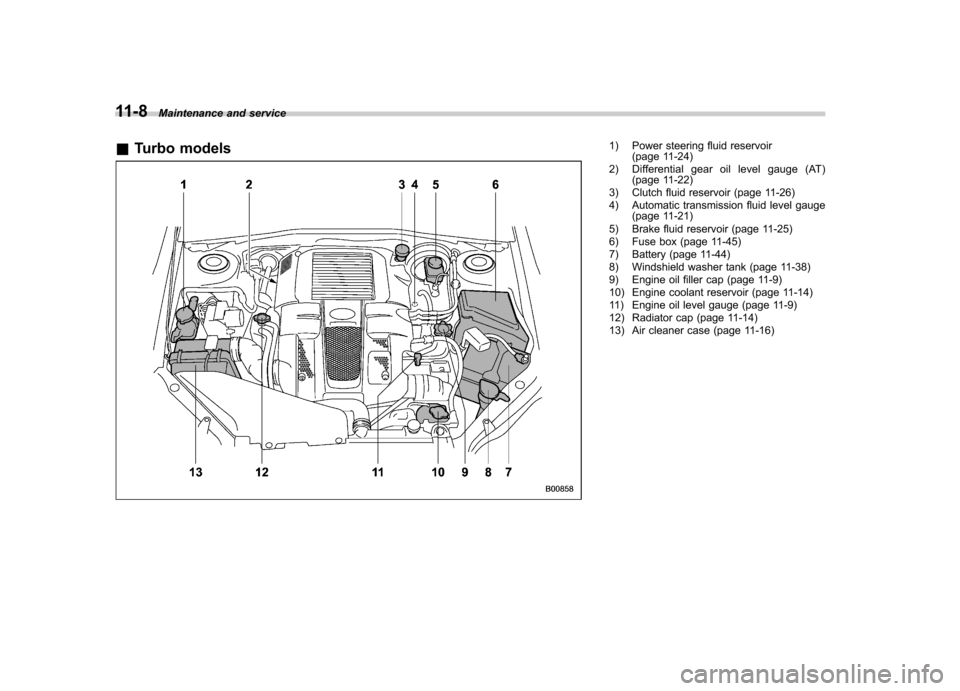 SUBARU FORESTER 2011 SH / 3.G Owners Manual 11-8Maintenance and service
& Turbo models
1) Power steering fluid reservoir
(page 11-24)
2) Differential gear oil level gauge (AT) (page 11-22)
3) Clutch fluid reservoir (page 11-26) 
4) Automatic tr