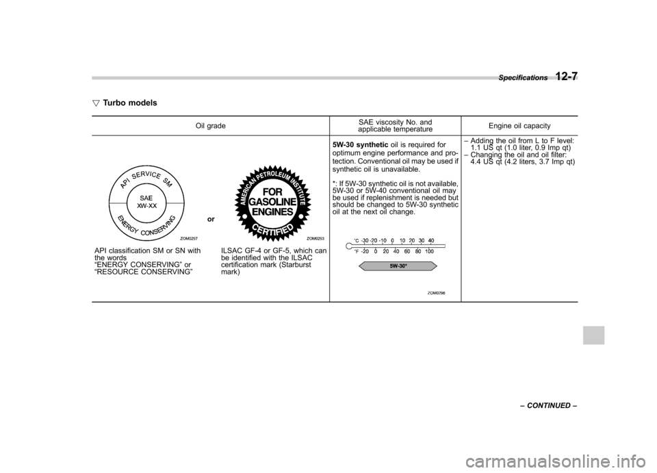 SUBARU FORESTER 2011 SH / 3.G Owners Manual !Turbo models
Oil grade SAE viscosity No. and
applicable temperature Engine oil capacity
API classification SM or SN with 
the words “
ENERGY CONSERVING ”or
“ RESOURCE CONSERVING ”orILSAC GF-4