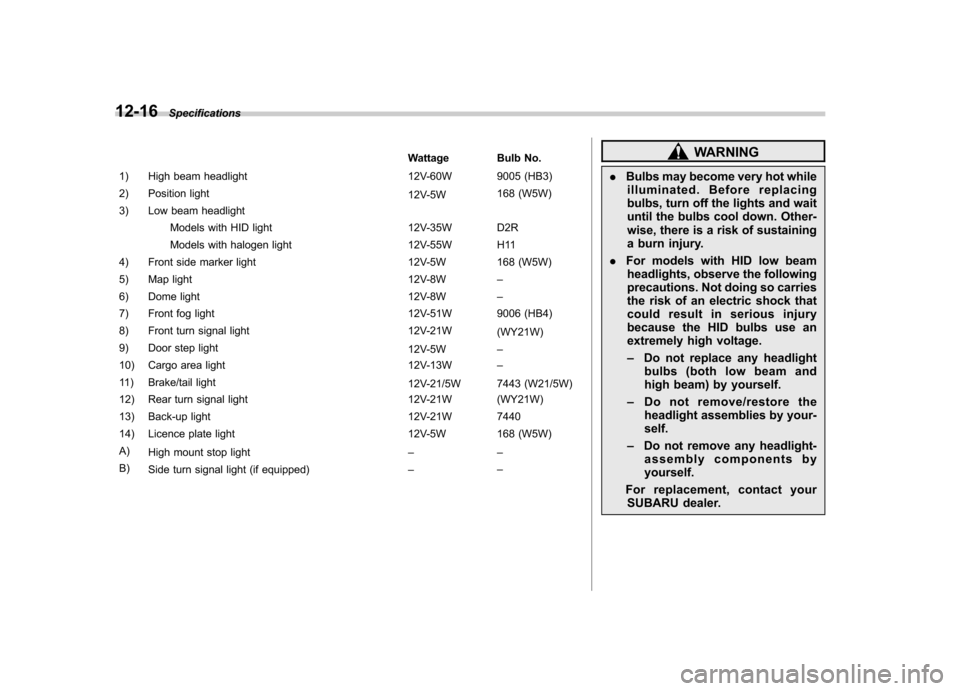 SUBARU FORESTER 2011 SH / 3.G Owners Manual 12-16Specifications
Wattage Bulb No.
1) High beam headlight 12V-60W 9005 (HB3) 
2) Position light 12V-5W168 (W5W)
3) Low beam headlight
Models with HID light 12V-35W D2R 
Models with halogen light 12V