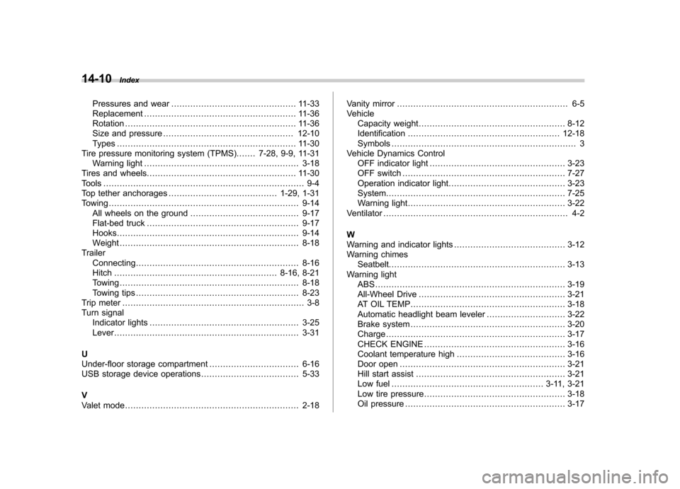 SUBARU FORESTER 2011 SH / 3.G Owners Manual 14-10Index
Pressures and wear .............................................. 11-33
Replacement ........................................................ 11-36
Rotation .................................