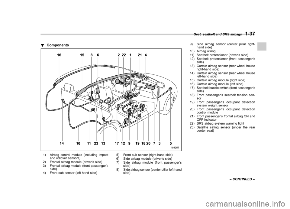 SUBARU FORESTER 2012 SH / 3.G Owners Manual !Components
1) Airbag control module (including impact
and rollover sensors)
2) Frontal airbag module (driver ’s side)
3) Frontal airbag module (front passenger ’s
side)
4) Front sub sensor (left-