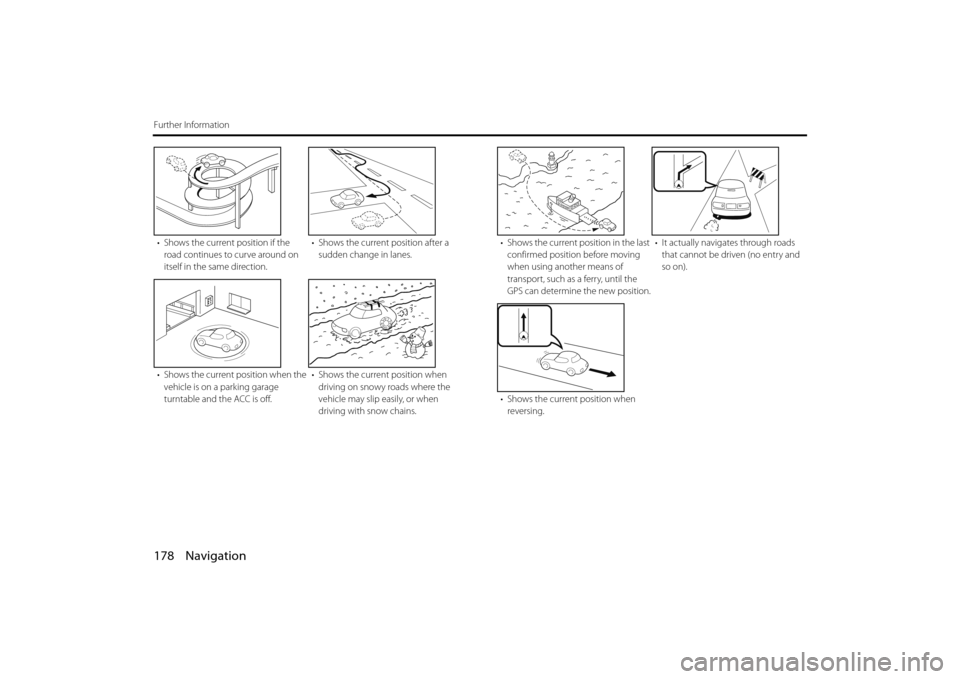 SUBARU FORESTER 2014 SJ / 4.G Navigation Manual 178 Navigation
Further Information
• Shows the current position if the road continues to curve around on
itself in the same direction. • Shows the current position after a
sudden change in lanes SUBARU FORESTER 2014 SJ / 4.G Navigation Manual 178 Navigation
Further Information
• Shows the current position if the road continues to curve around on
itself in the same direction. • Shows the current position after a
sudden change in lanes