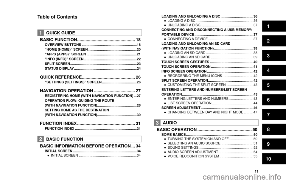 SUBARU FORESTER 2016 SJ / 4.G Navigation Manual 1
2
3
4
5
6
7
8
9
10
11
Table of Contents
1QUICK GUIDE
BASIC FUNCTION ................................................ 18
OVERVIEW BUTTONS .........................................................18
