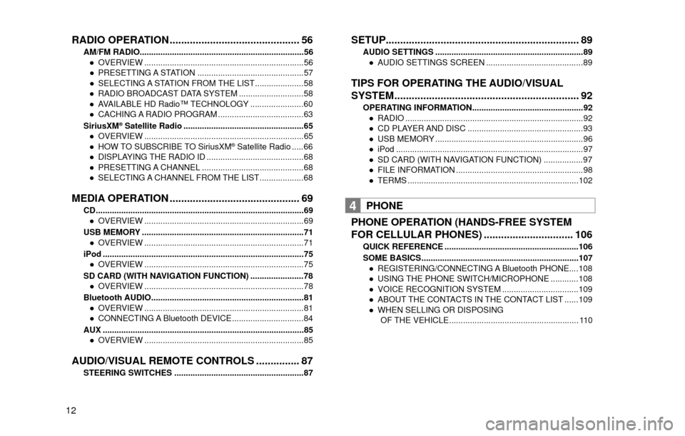 SUBARU FORESTER 2016 SJ / 4.G Navigation Manual 12
RADIO OPERATION ............................................. 56AM/FM RADIO.......................................................................56
”OVERVIEW ...................................