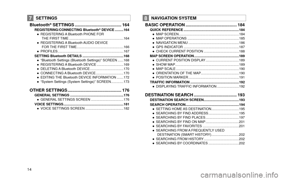 SUBARU FORESTER 2016 SJ / 4.G Navigation Manual 14
7SETTINGS
Bluetooth
® SETTINGS ....................................... 164REGISTERING/CONNECTING Bluetooth® DEVICE .........164
”REGISTERING A Bluetooth PHONE FOR  
THE FIRST TIME ............