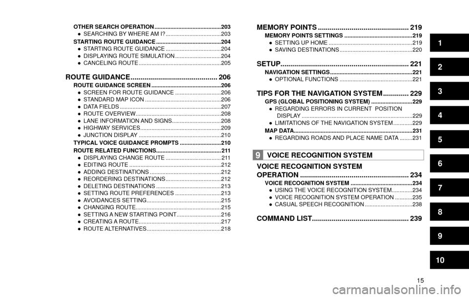SUBARU FORESTER 2016 SJ / 4.G Navigation Manual 1
2
3
4
5
6
7
8
9
10
15
OTHER SEARCH OPERATION ..........................................203
”SEARCHING BY WHERE AM I? ...................................203
STARTING ROUTE GUIDANCE ...............