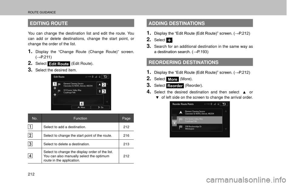 SUBARU FORESTER 2016 SJ / 4.G Navigation Manual ROUTE GUIDANCE
212
EDITING ROUTE
You can change the destination list and edit the route. You 
can add or delete destinations, change the start point, or 
change the order of the list.
1.Display the 