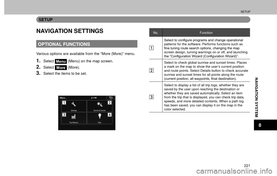 SUBARU FORESTER 2016 SJ / 4.G Navigation Manual SETUP
221
NAVIGATION SYSTEM
8
SETUP
NAVIGATION SETTINGS
OPTIONAL FUNCTIONS
Various options are available from the “More (More)” menu.
1.SelectMenu (Menu) on the map screen.
2.SelectMore (More).
3.