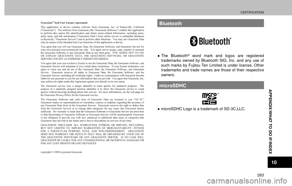SUBARU FORESTER 2016 SJ / 4.G Navigation Manual CERTIFICATION
263
APPENDIX/WHAT TO DO IF/INDEX
10
Bluetooth
”The Bluetooth® word mark and logos are registered 
trademarks owned by Bluetooth SIG, Inc. and any use of 
such marks by Fujitsu Ten Li