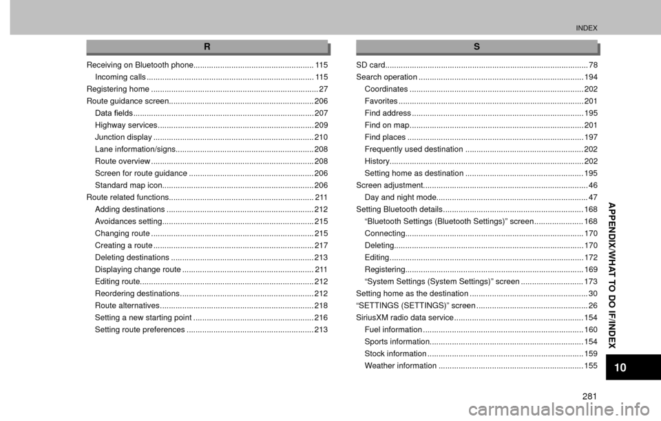 SUBARU FORESTER 2016 SJ / 4.G Navigation Manual INDEX
281
APPENDIX/WHAT TO DO IF/INDEX
10
R
Receiving on Bluetooth phone...................................................... 115
Incoming calls ...................................................... SUBARU FORESTER 2016 SJ / 4.G Navigation Manual INDEX
281
APPENDIX/WHAT TO DO IF/INDEX
10
R
Receiving on Bluetooth phone...................................................... 115
Incoming calls ......................................................