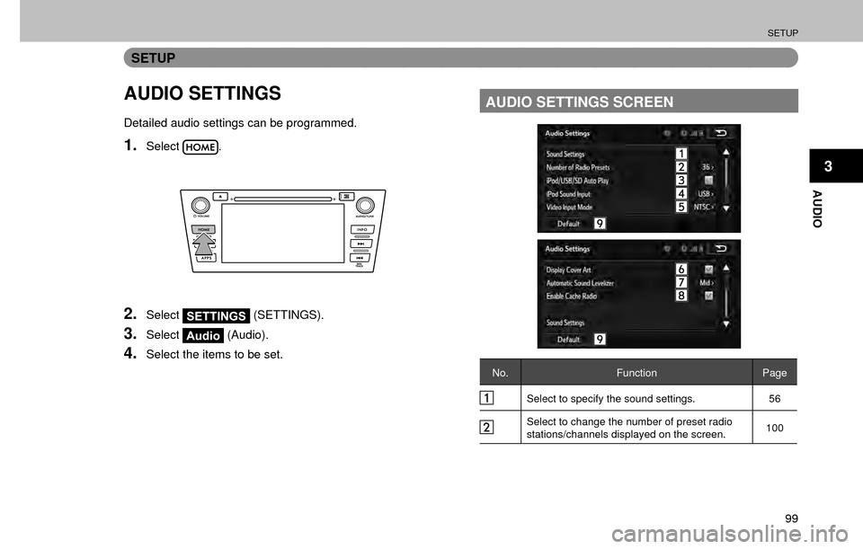 SUBARU FORESTER 2017 SJ / 4.G Multimedia System Manual SETUP
99
AUDIO
3
SETUP
AUDIO SETTINGS
Detailed audio settings can be programmed.
1.Select.
2.SelectSETTINGS (SETTINGS).
3.SelectAudio (Audio).
4.Select the items to be set.
AUDIO SETTINGS SCREEN
No.
F