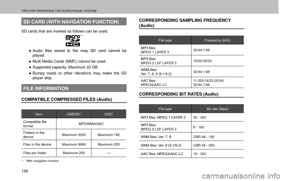 SUBARU FORESTER 2017 SJ / 4.G Multimedia System Manual TIPS FOR OPERATING THE AUDIO/VISUAL SYSTEM
108
SD CARD (WITH NAVIGATION FUNCTION)
SD cards that are marked as follows can be used.

