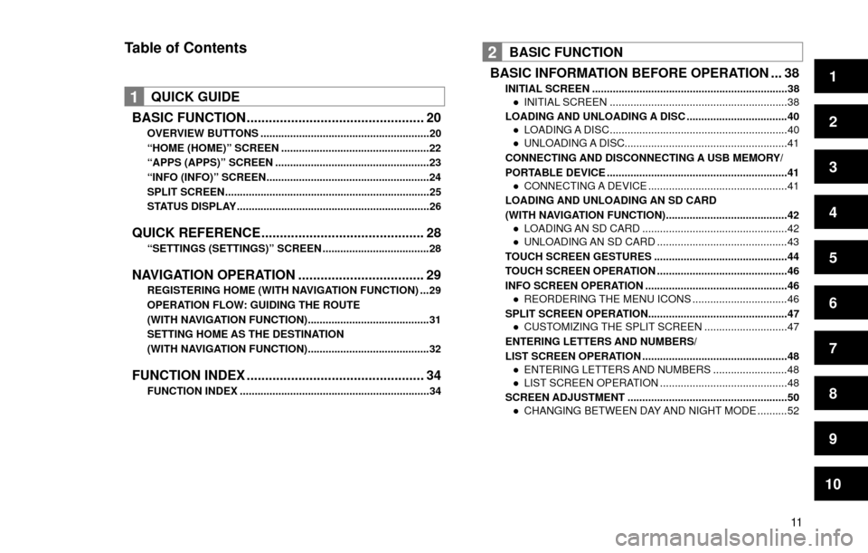 SUBARU FORESTER 2017 SJ / 4.G Multimedia System Manual 1
2
3
4
5
6
7
8
9
10
11
Table of Contents
1QUICK GUIDE
BASIC FUNCTION ................................................ 20
OVERVIEW BUTTONS .........................................................20
