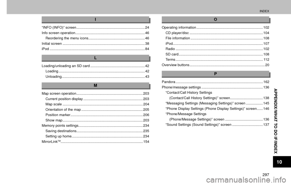 SUBARU FORESTER 2017 SJ / 4.G Multimedia System Manual INDEX
297
APPENDIX/WHAT TO DO IF/INDEX
10
I
“INFO (INFO)” screen ..................................................................... 24
Info screen operation ....................................