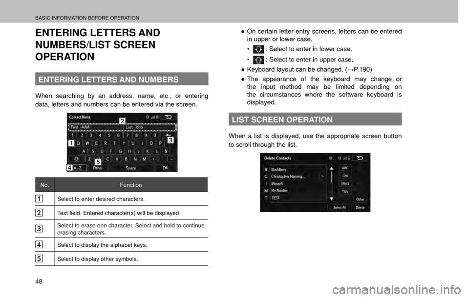 SUBARU FORESTER 2017 SJ / 4.G Multimedia System Manual BASIC INFORMATION BEFORE OPERATION
48
ENTERING LETTERS AND 
NUMBERS/LIST SCREEN 
OPERATION
ENTERING LETTERS AND NUMBERS
When searching by an address, name, etc., or entering 
data, letters and numbers