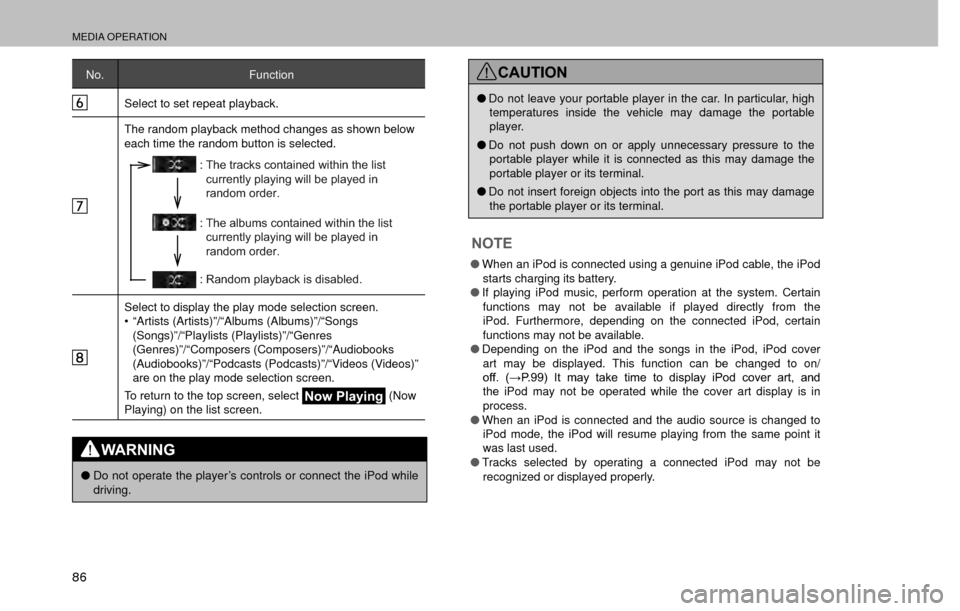 SUBARU FORESTER 2017 SJ / 4.G Multimedia System Manual MEDIA OPERATION
86
No.Function
Select to set repeat playback.
The random playback method changes as shown below 
each time the random button is selected.
: The tracks contained within the list  curren