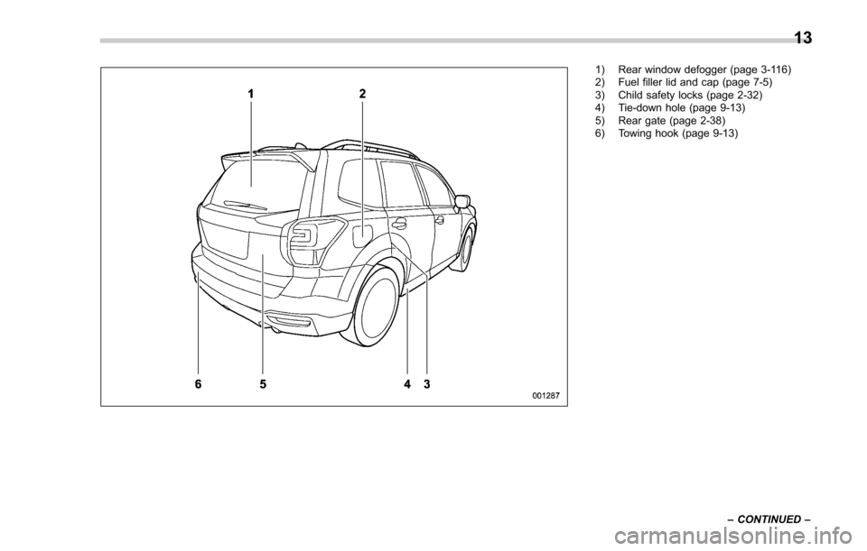 SUBARU FORESTER 2017 SJ / 4.G User Guide 1) Rear window defogger (page 3-116)
2) Fuel filler lid and cap (page 7-5)
3) Child safety locks (page 2-32)
4) Tie-down hole (page 9-13)
5) Rear gate (page 2-38)
6) Towing hook (page 9-13)–CONTINUE SUBARU FORESTER 2017 SJ / 4.G User Guide 1) Rear window defogger (page 3-116)
2) Fuel filler lid and cap (page 7-5)
3) Child safety locks (page 2-32)
4) Tie-down hole (page 9-13)
5) Rear gate (page 2-38)
6) Towing hook (page 9-13)–CONTINUE