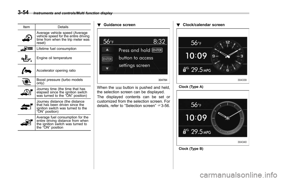SUBARU FORESTER 2017 SJ / 4.G Owners Manual Instruments and controls/Multi function display
ItemDetails
Average vehicle speed (Average
vehicle speed for the entire driving
time from when the trip meter was
reset)
Lifetime fuel consumption
Engin