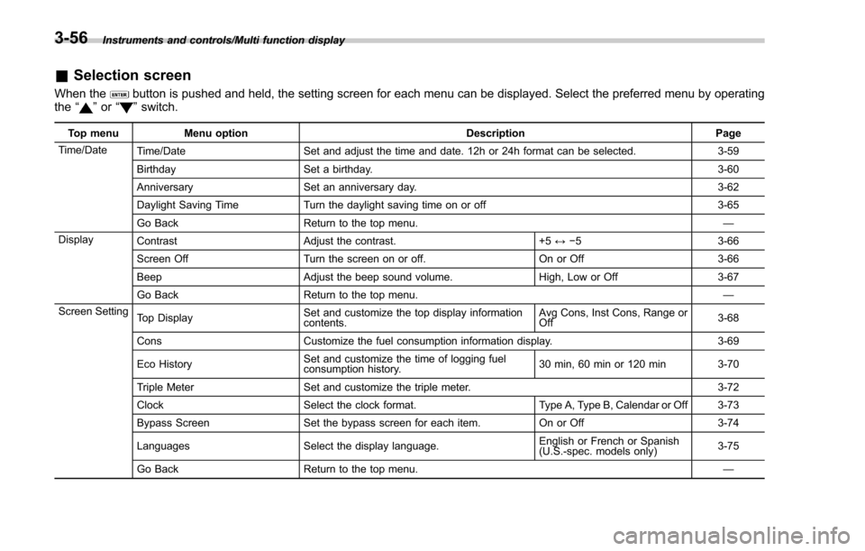 SUBARU FORESTER 2017 SJ / 4.G Owners Manual Instruments and controls/Multi function display
&Selection screen
When thebutton is pushed and held, the setting screen for each menu can be displayed. Select the preferred menu by operating
the “�
