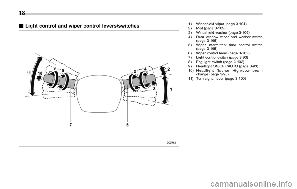 SUBARU FORESTER 2017 SJ / 4.G Owners Manual &Light control and wiper control levers/switches1) Windshield wiper (page 3-104)
2) Mist (page 3-105)
3) Windshield washer (page 3-106)
4) Rear window wiper and washer switch
(page 3-106)
5) Wiper int