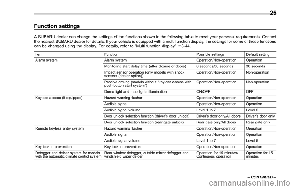 SUBARU FORESTER 2017 SJ / 4.G Owners Manual Function settings
A SUBARU dealer can change the settings of the functions shown in the following table to meet your personal requirements. Contact
the nearest SUBARU dealer for details. If your vehic