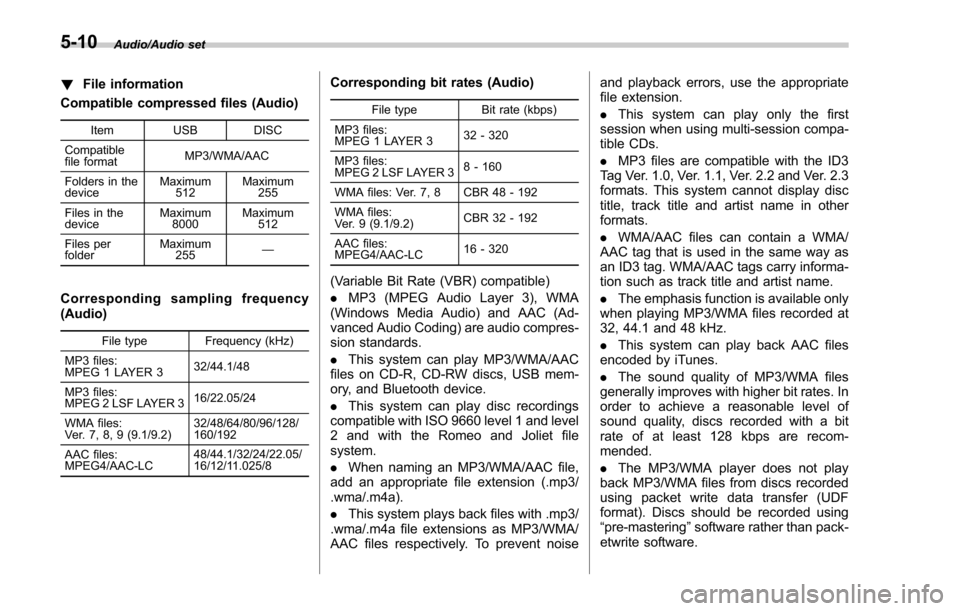 SUBARU FORESTER 2017 SJ / 4.G Owners Manual Audio/Audio set
!File information
Compatible compressed files (Audio)
Item USB DISC
Compatible
file format MP3/WMA/AAC
Folders in the
device Maximum
512 Maximum
255
Files in the
device Maximum
8000 Ma SUBARU FORESTER 2017 SJ / 4.G Owners Manual Audio/Audio set
!File information
Compatible compressed files (Audio)
Item USB DISC
Compatible
file format MP3/WMA/AAC
Folders in the
device Maximum
512 Maximum
255
Files in the
device Maximum
8000 Ma