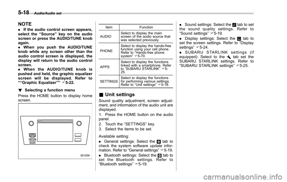 SUBARU FORESTER 2017 SJ / 4.G Owners Manual Audio/Audio set
NOTE
.If the audio control screen appears,
select the “Source ”key on the audio
screen or press the AUDIO/TUNE knob
again.
. When you push the AUDIO/TUNE
knob while any screen othe