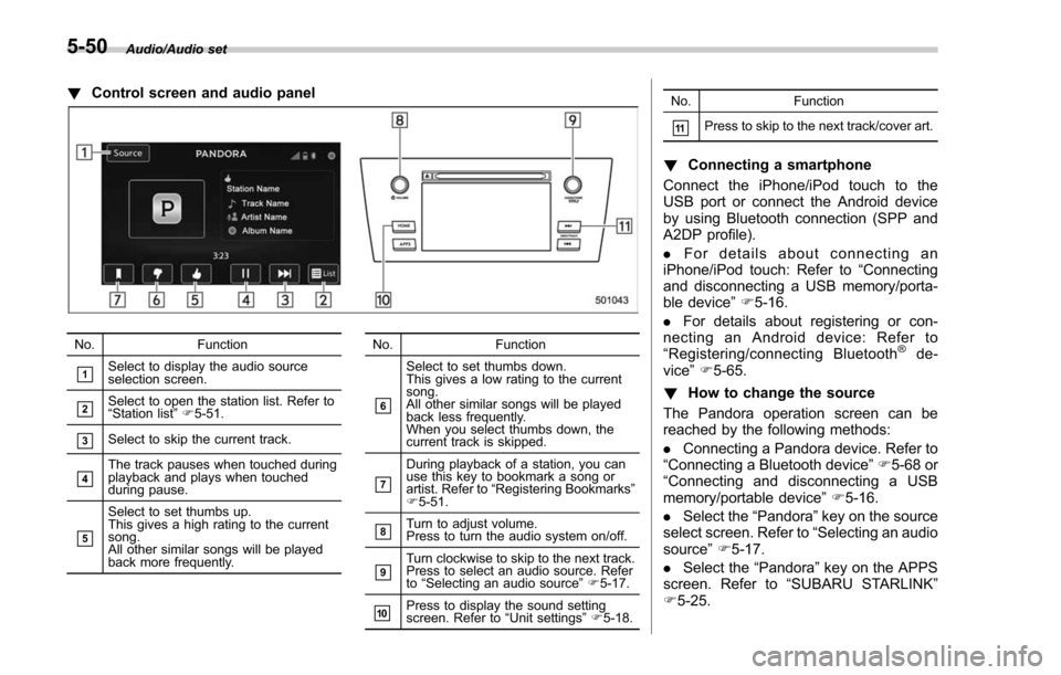 SUBARU FORESTER 2017 SJ / 4.G User Guide Audio/Audio set
!Control screen and audio panel
No. Function
&1Select to display the audio source
selection screen.
&2Select to open the station list. Refer to
“Station list ”F 5-51.
&3Select to s